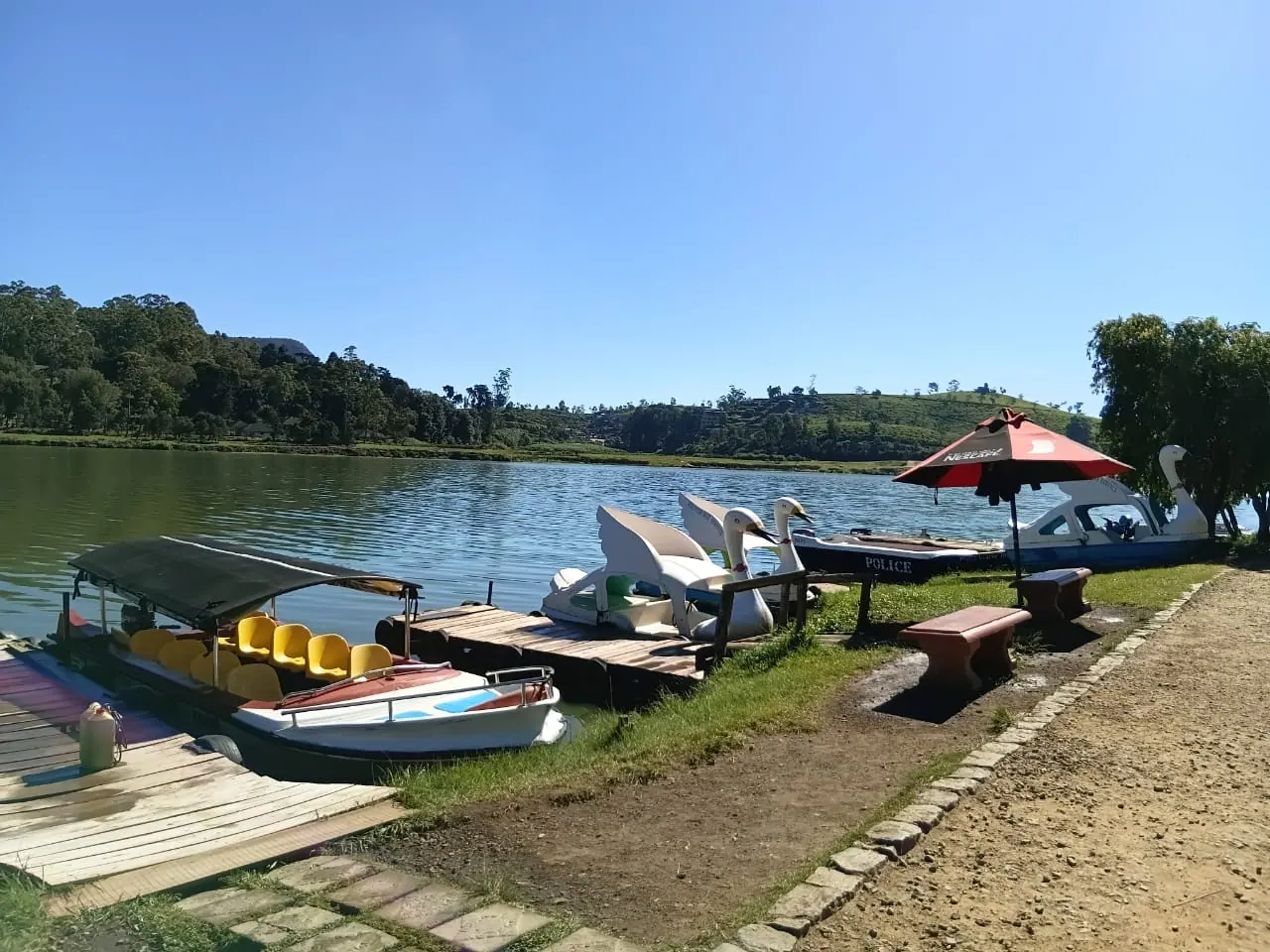 Pedal boats lined up on Gregory Lake in Nuwara Eliya
